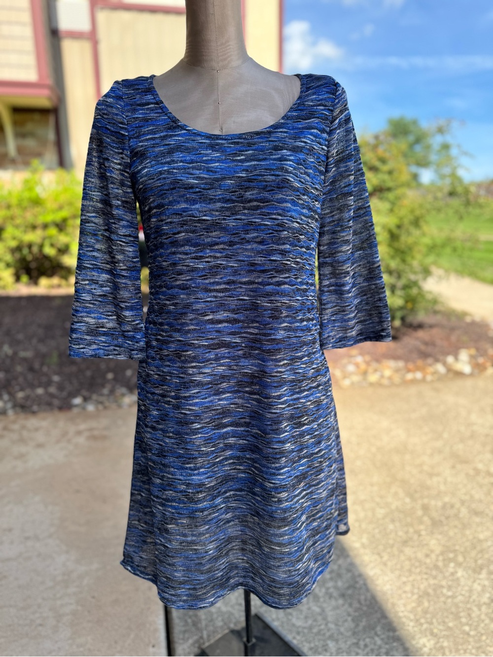 Sandra Darren Blue Patterned Scoop Neck Long-Sleeve A-Line Dress